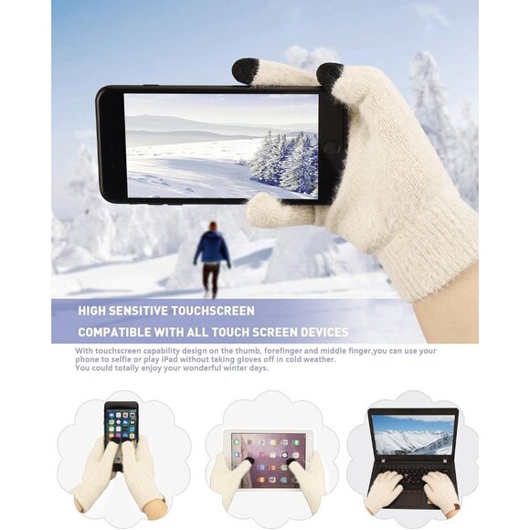 Women's Apricot Warm Knit Beanie Hat Touchscreen Gloves Long Neck Scarf Set - Picture 4 of 6